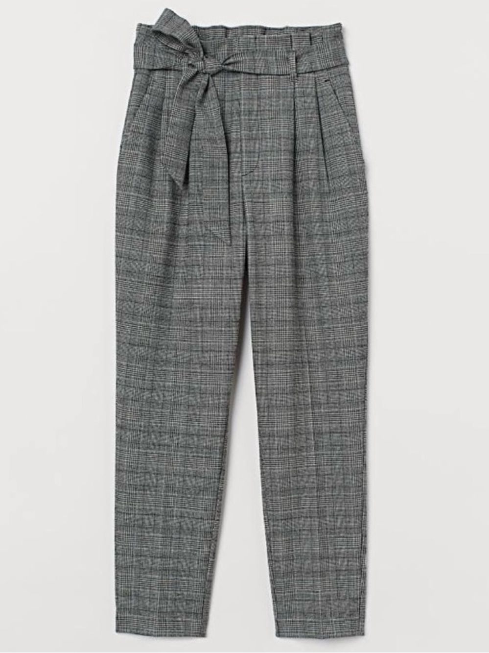 NWT H&M grey plaid pleated paperbag ankle pant tie waist belt